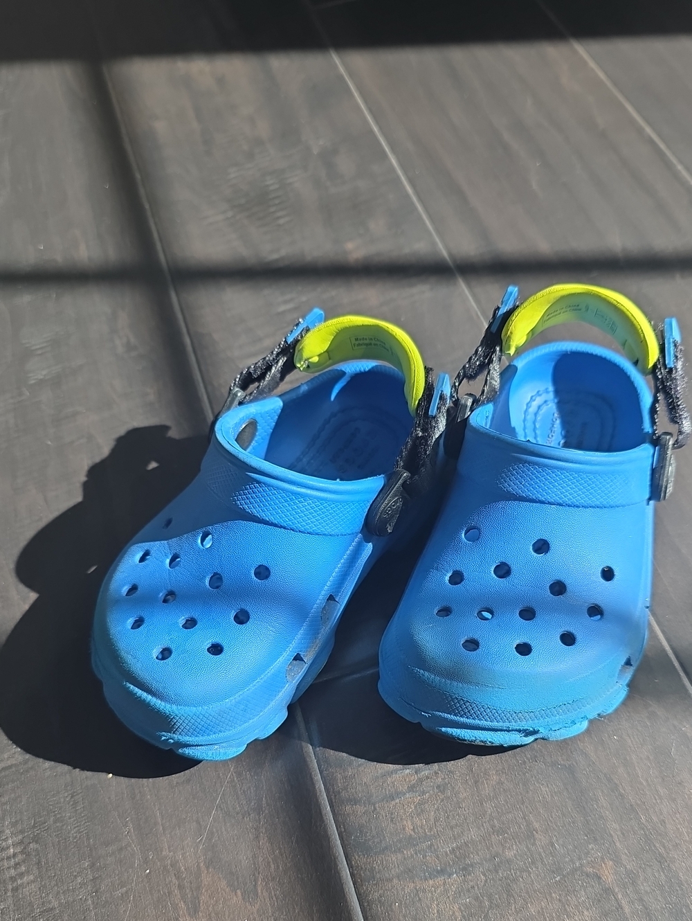 CROCS Blue Clog Sandals with Yellow Heel Strap
